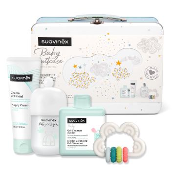 Suavinex Canastilla Con Maleta Metálica. Incluye: Baby Cologne + Gel Espumoso +Crema Del Pañal + Mordedor De Silicona. Azul