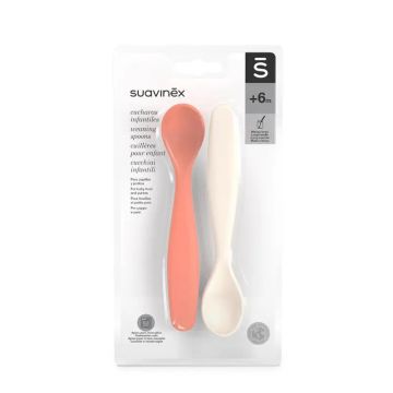 Suavinex Pack 2 Cucharas Infantiles. Aptas Para Encías Sensibles. Ideal ParaPapillas Y Potitos. +4 Meses, Coral + Gris