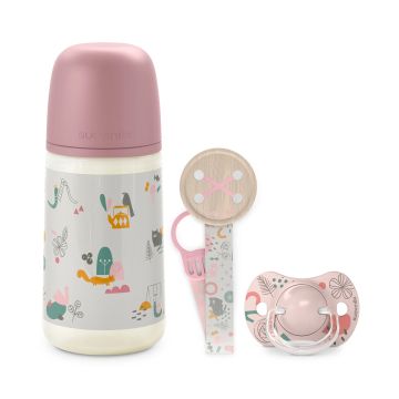 Suavinex Pack Regalo Bebé Recién Nacido: Biberón Anticólico 270 Ml + Chupete 0/6Meses + Chupetero, Rosa
