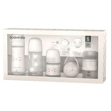 Suavinex Set Biberón 150 Ml + 270 Ml + 360 Ml + Chupete 0-6 Meses + Dosificador+ Portachupetes + Broche Pinza. Bonhomia, Gris