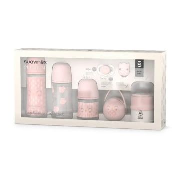 Suavinex Set Biberón 150 Ml + 270 Ml + 360 Ml + Chupete 0-6 Meses + Dosificador+ Portachupetes + Broche Pinza. Bonhomia, Rosa
