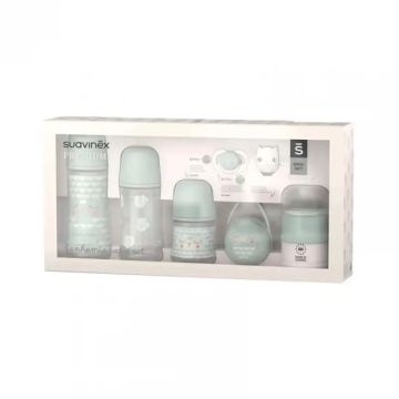 Suavinex Set Biberón 150 Ml + 270 Ml + 360 Ml + Chupete 0-6 Meses + Dosificador+ Portachupetes + Broche Pinza. Bonhomia, Verde