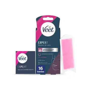 Veet Expert Bandas de Cera Fría Depilatoria Facial con Karité, 16 Tiras