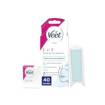 Veet Pure Bandas de Cera Fría Depilatoria para Depilación Facial, 40 Tiras
