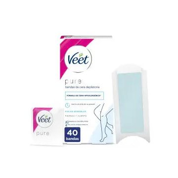 Veet Pure Bandas de Cera Fría Depilatoria para Piernas y Cuerpo, 40 Tiras