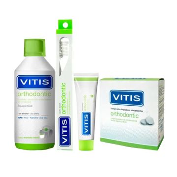 VITIS Pack Orthodontic/ Ortodoncia ( Colutorio 1000ml+ Pasta Dentífrica 100ml+32 Comprimidos + Cepillo Dental Orthodontic)