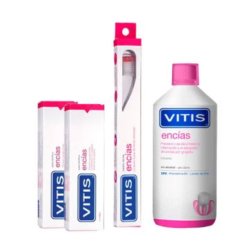 VITIS Pack Protege tus Encías ( Colutorio 1000ml+ Pasta dentífrica encías2x100ml+Cepillo dental Encías sensibles)
