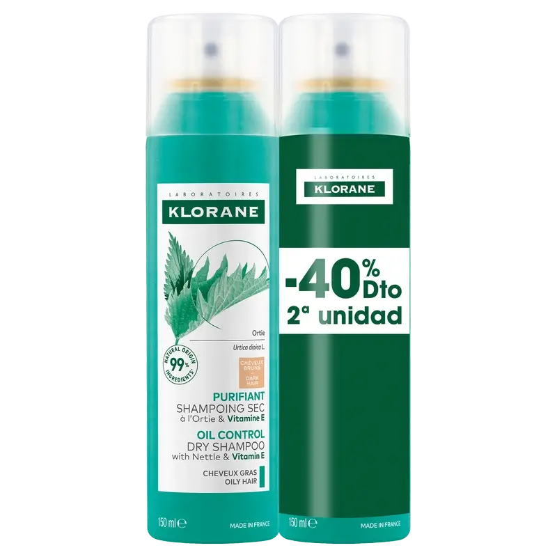 Klorane Pack Champú Seco Ortiga Natural Cabello Graso Castaño 2x150ml 40% DTO