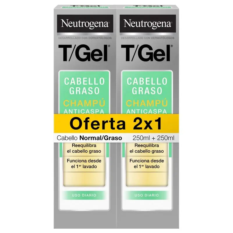 Neutrogena T/Gel Champú Anticaspa para Cabello Graso Pack, 2 x 250 ml