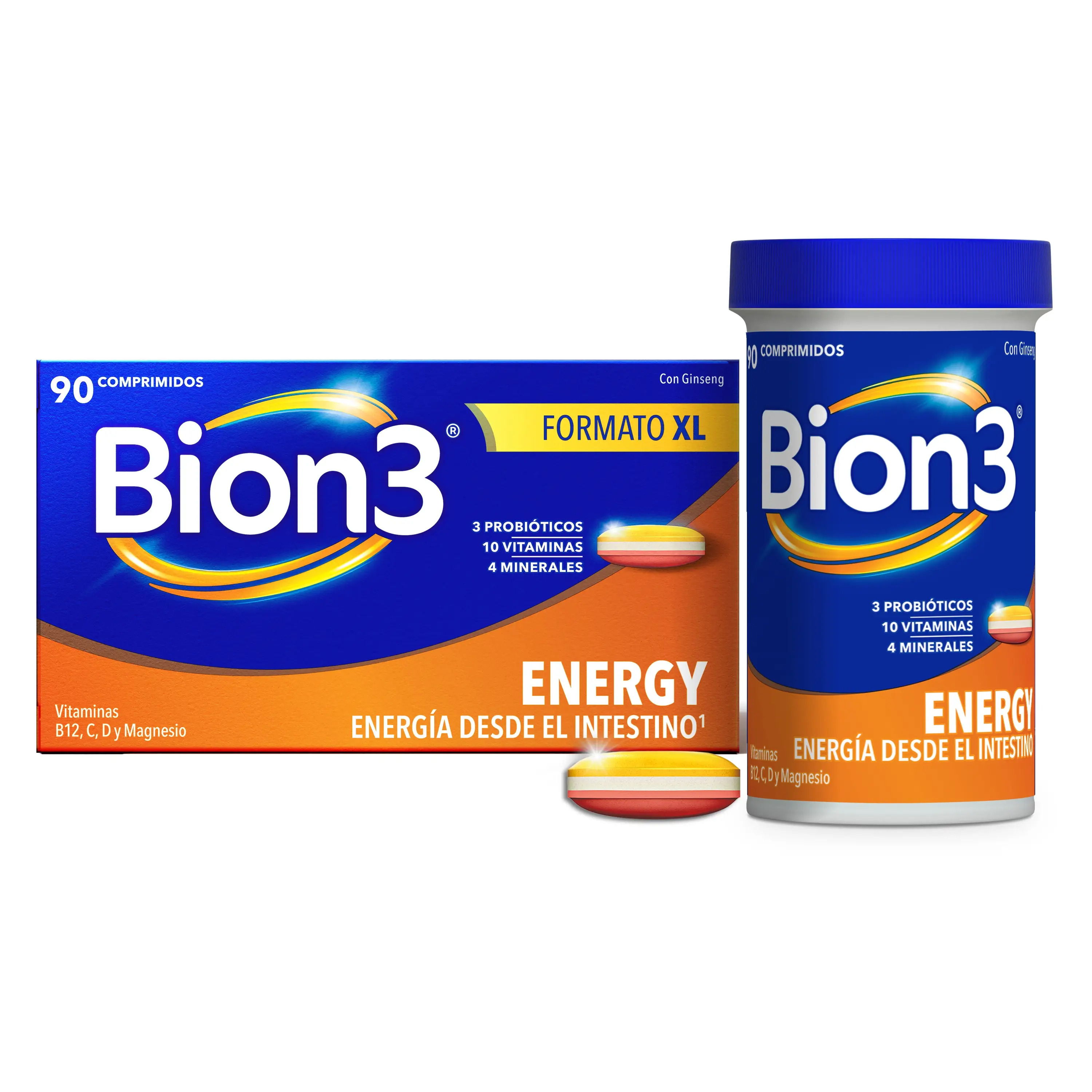 Bion3 Energy Comprimidos Multivitamínicos con Probióticos, Vitamina B12, C y Magnesio